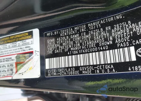 2012 Toyota Camry Xle V6 from USA, damaged, VIN 4T1BK1FK6CU001440